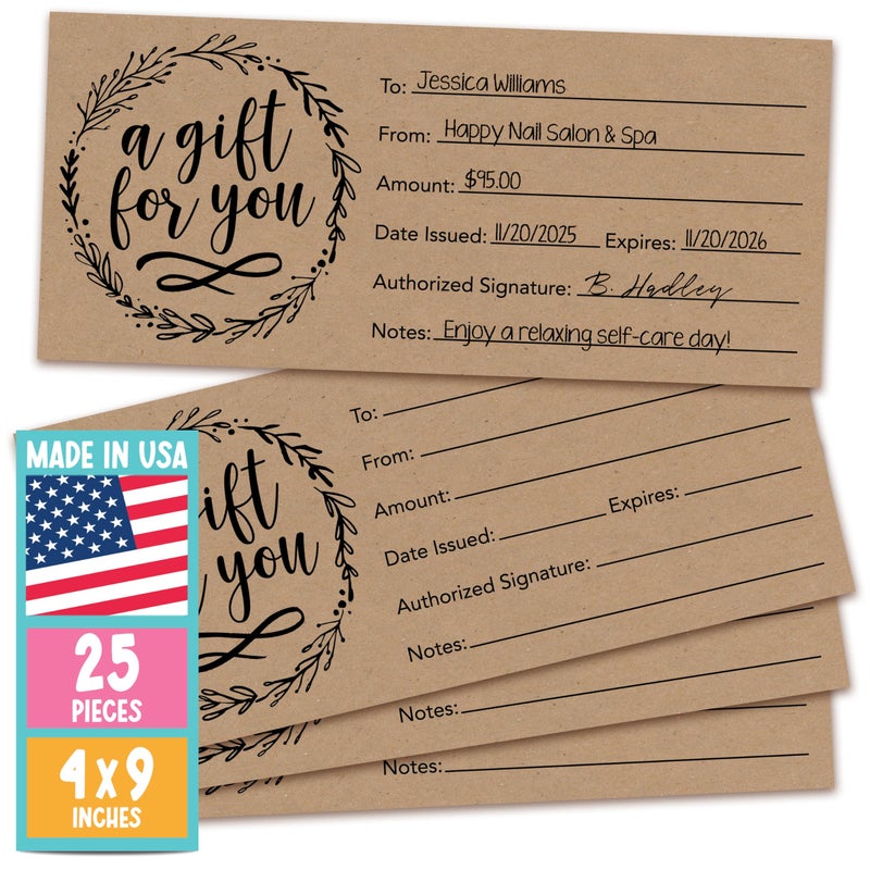 Hadley Designs 25 Blank Gift Certificates for Business â€“ 4x9 Christmas Gift Certificates Cards for Small Business, Spa, Massage, Nail & Hair Salon, Restaurant, Holidays Coupon Vouchers Made in USA - Image 1